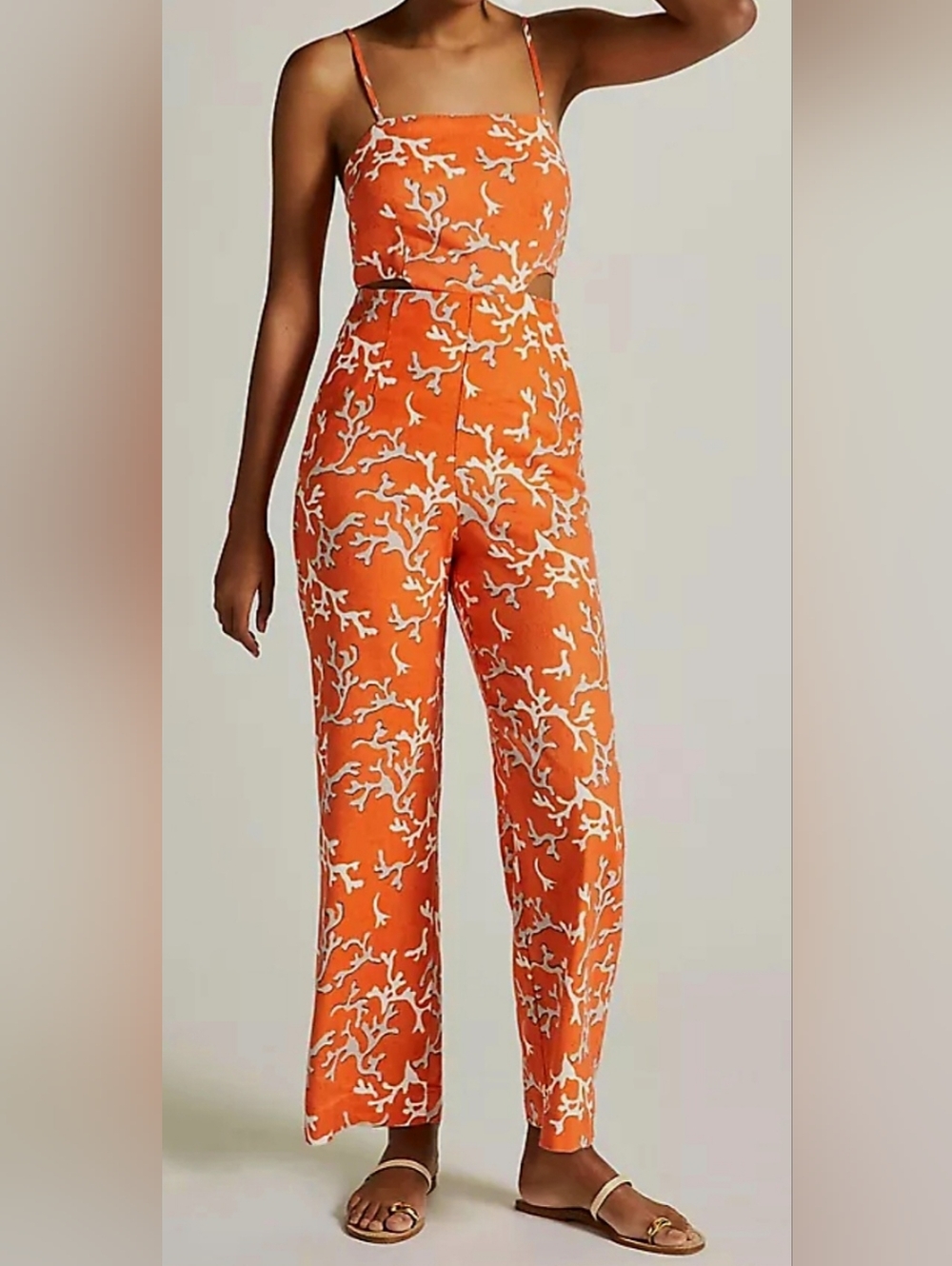 Maeve By Antropologie Sleeveless Orange Coral-Print Jumpsuit